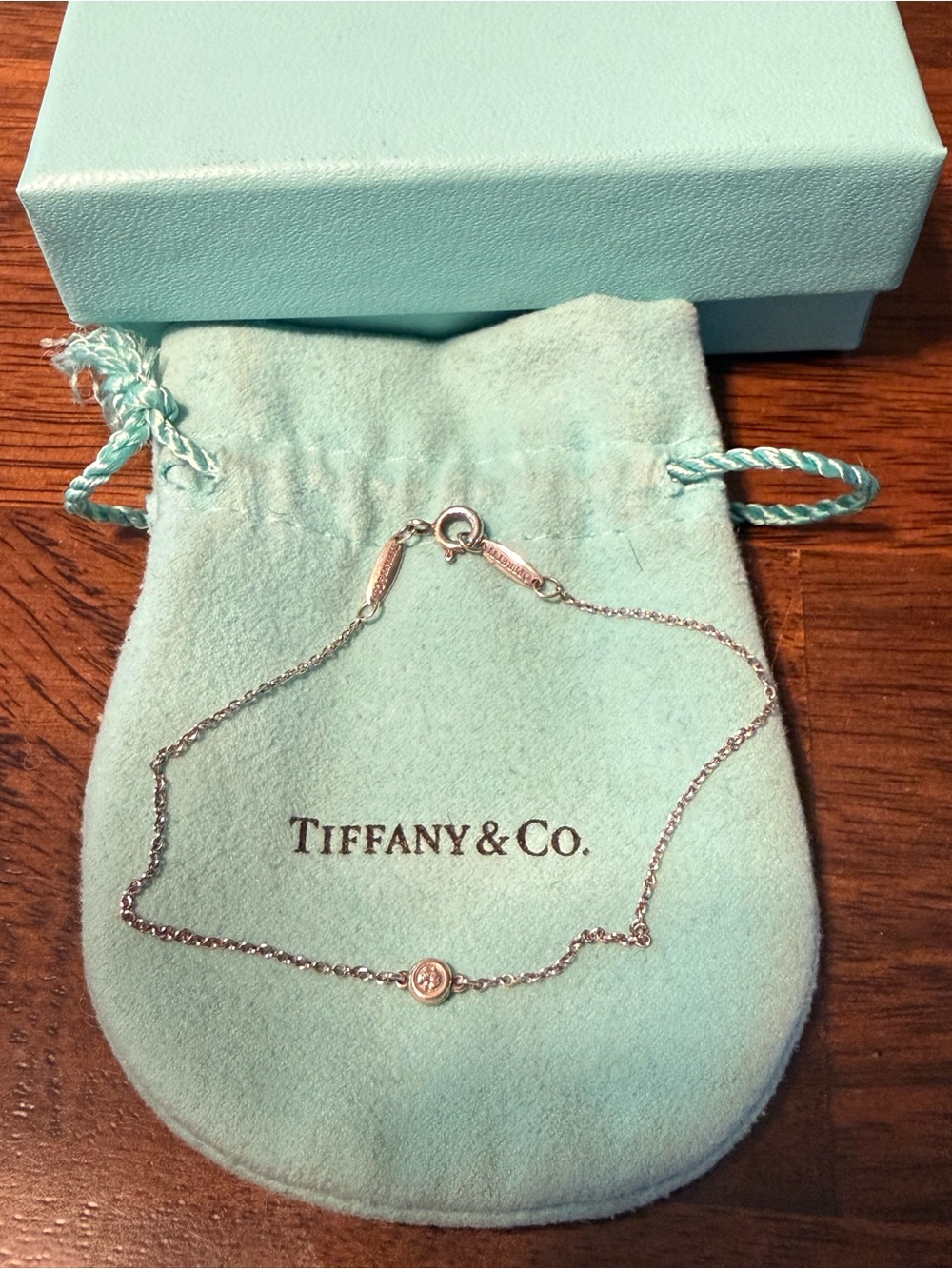Tiffany & Co. Sterling Silver Diamond Station Bracelet with Tiffany Blue Pouch